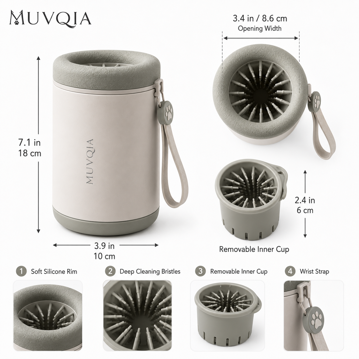 MUVQIA 2-in-1 Portable Dog Paw Cleaner Cup – Silicone Bristle Paw Washer with Removable Cleaning Insert, Wrist Strap and Splash-Resistant Rim for Small, Medium & Large Dogs