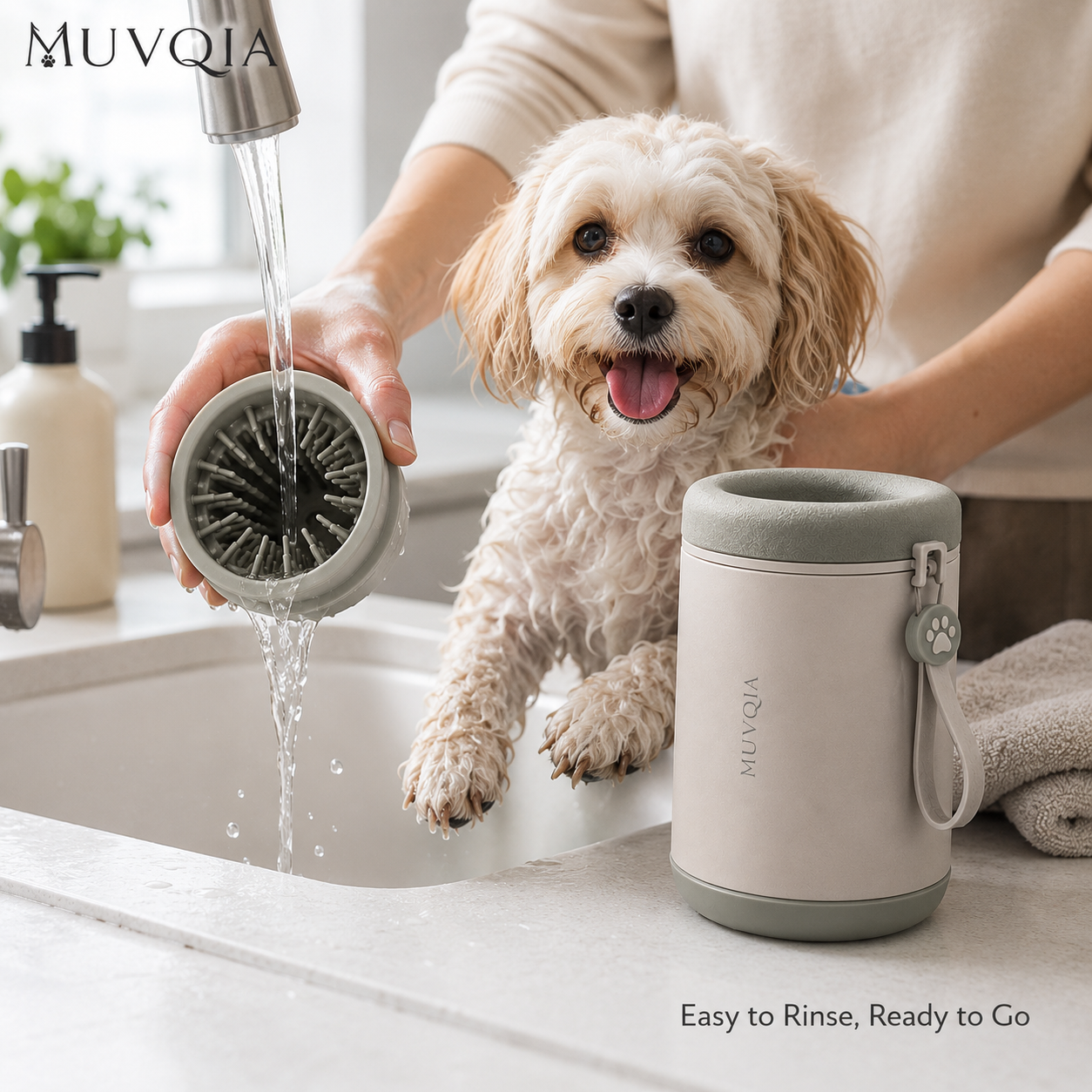 MUVQIA 2-in-1 Portable Dog Paw Cleaner Cup – Silicone Bristle Paw Washer with Removable Cleaning Insert, Wrist Strap and Splash-Resistant Rim for Small, Medium & Large Dogs