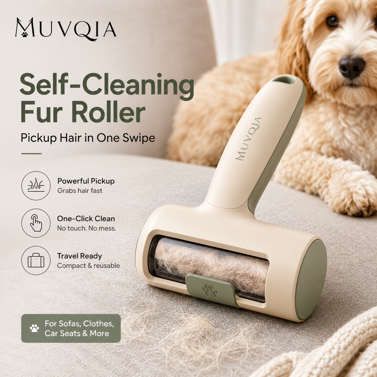 MUVQIA Self-Cleaning Pet Hair Roller for Couch, Sofa, Car Seat & Clothes – Reusable Dog and Cat Fur Remover, Portable Lint Roller for Pet Hair Cleanup