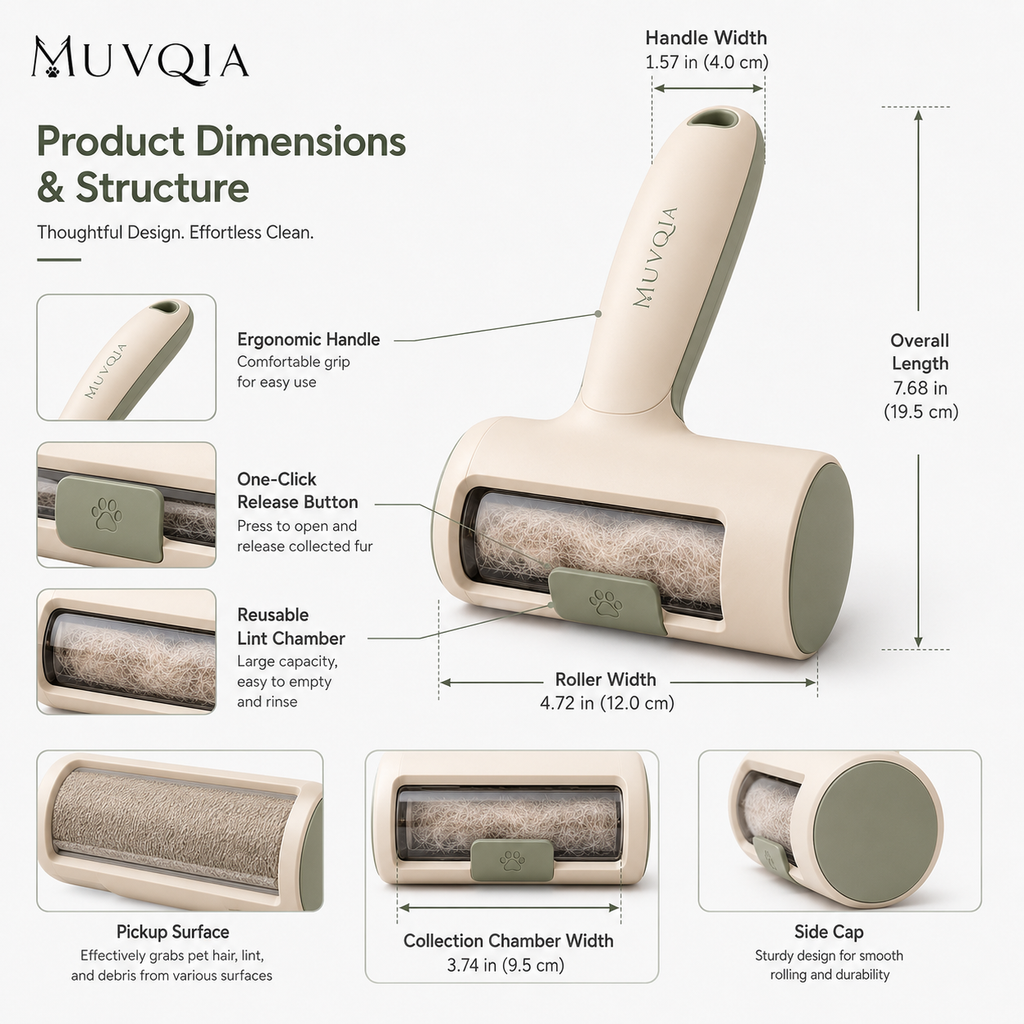 MUVQIA Self-Cleaning Pet Hair Roller for Couch, Sofa, Car Seat & Clothes – Reusable Dog and Cat Fur Remover, Portable Lint Roller for Pet Hair Cleanup