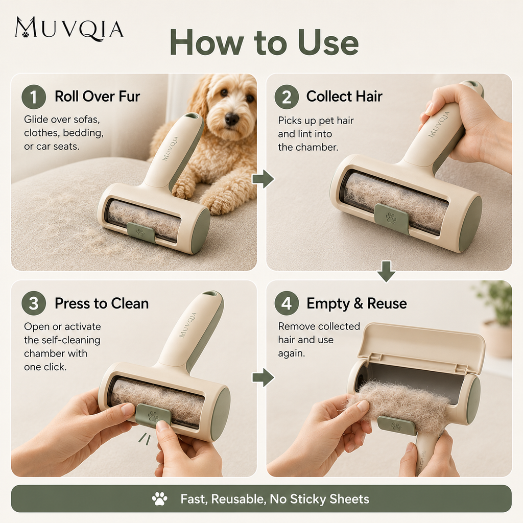 MUVQIA Self-Cleaning Pet Hair Roller for Couch, Sofa, Car Seat & Clothes – Reusable Dog and Cat Fur Remover, Portable Lint Roller for Pet Hair Cleanup