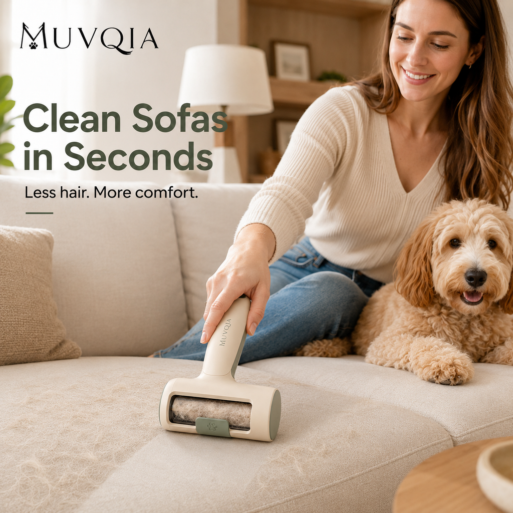 MUVQIA Self-Cleaning Pet Hair Roller for Couch, Sofa, Car Seat & Clothes – Reusable Dog and Cat Fur Remover, Portable Lint Roller for Pet Hair Cleanup