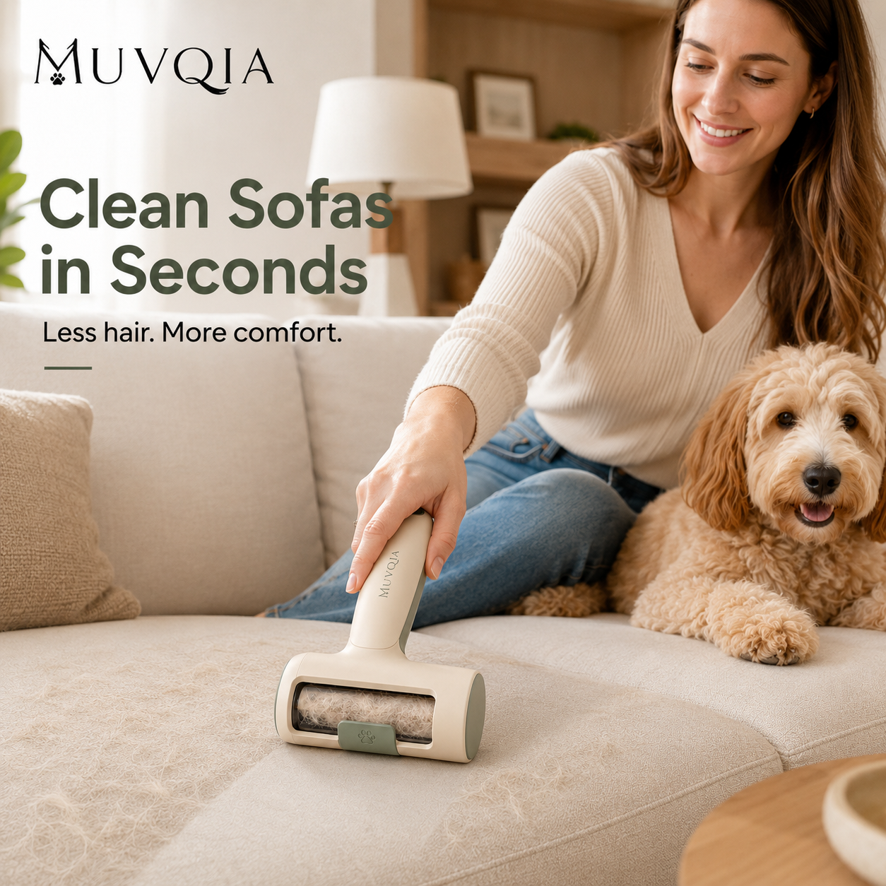 MUVQIA Self-Cleaning Pet Hair Roller for Couch, Sofa, Car Seat & Clothes – Reusable Dog and Cat Fur Remover, Portable Lint Roller for Pet Hair Cleanup