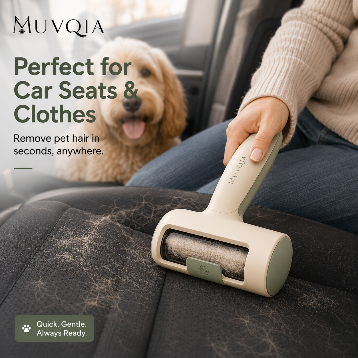 MUVQIA Self-Cleaning Pet Hair Roller for Couch, Sofa, Car Seat & Clothes – Reusable Dog and Cat Fur Remover, Portable Lint Roller for Pet Hair Cleanup