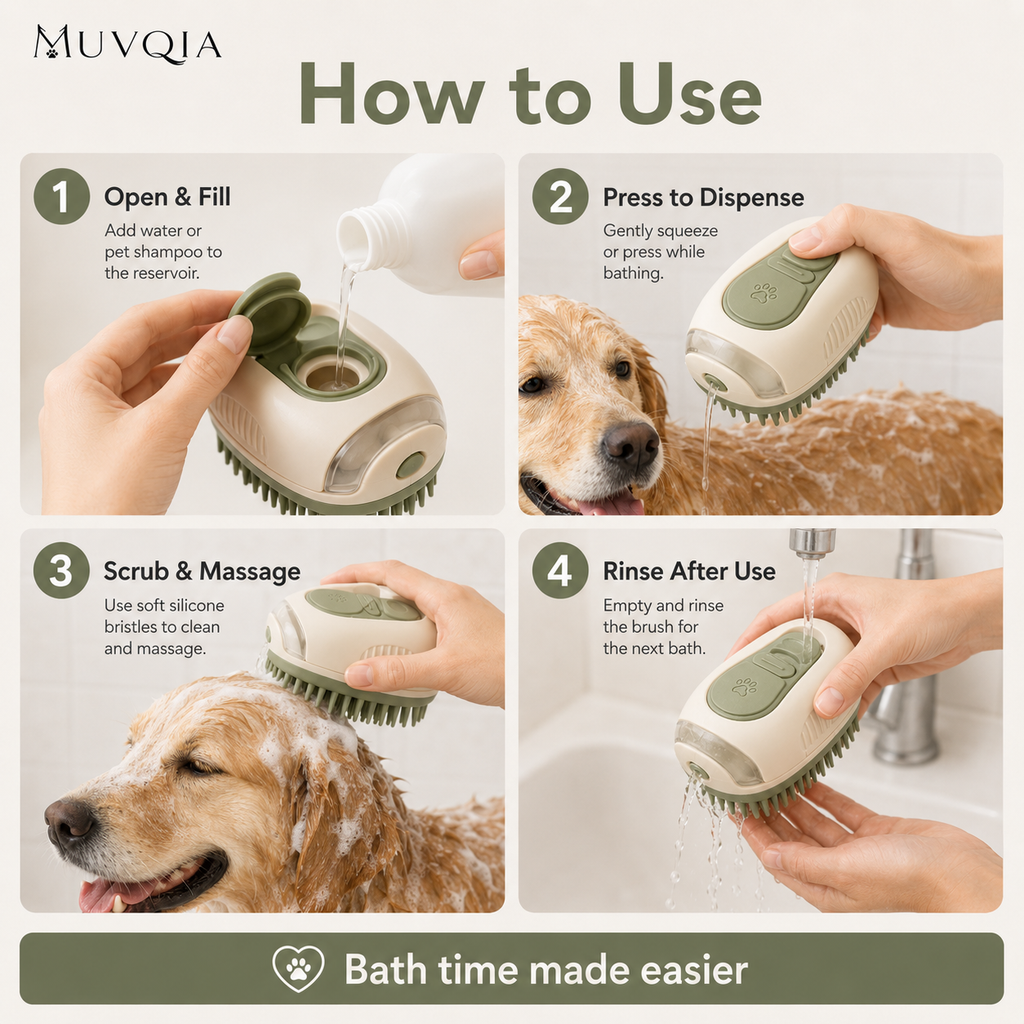 MUVQIA 3-in-1 Pet Bath Brush, Refillable Dog Shampoo Brush with Soft Silicone Bristles, Pet Grooming Scrubber & Massage Brush for Dogs and Cats, Bath Brush for Short and Long Hair