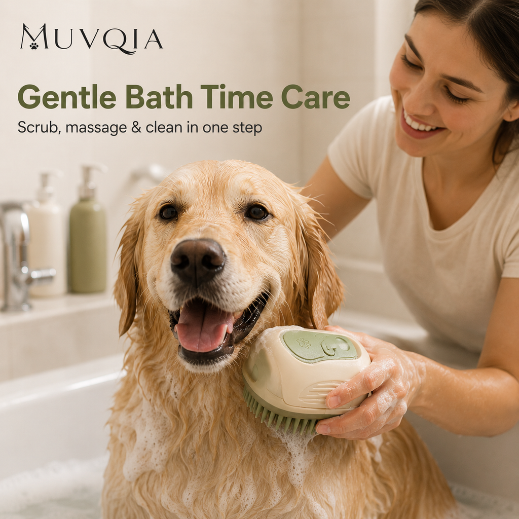 MUVQIA 3-in-1 Pet Bath Brush, Refillable Dog Shampoo Brush with Soft Silicone Bristles, Pet Grooming Scrubber & Massage Brush for Dogs and Cats, Bath Brush for Short and Long Hair