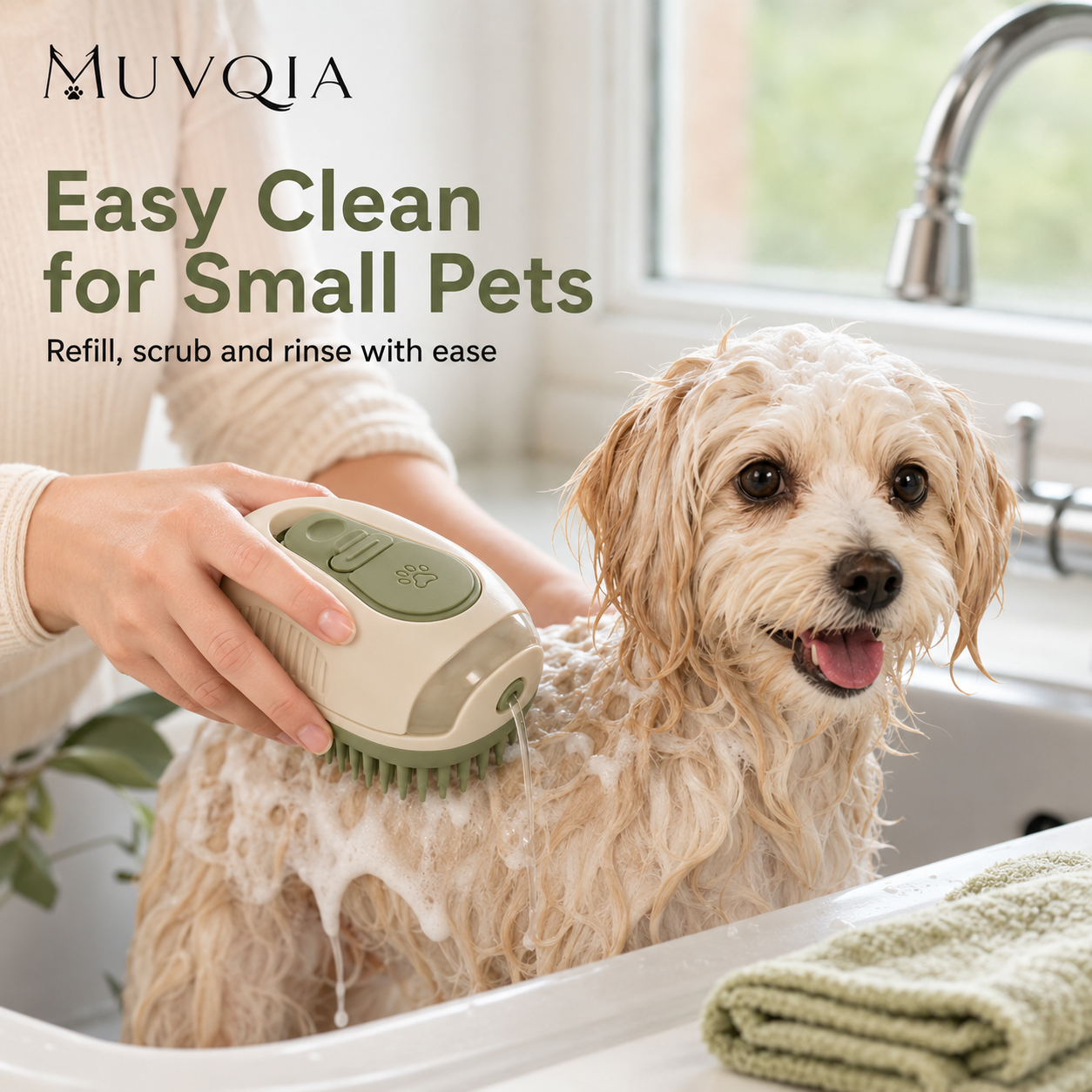 MUVQIA 3-in-1 Pet Bath Brush, Refillable Dog Shampoo Brush with Soft Silicone Bristles, Pet Grooming Scrubber & Massage Brush for Dogs and Cats, Bath Brush for Short and Long Hair