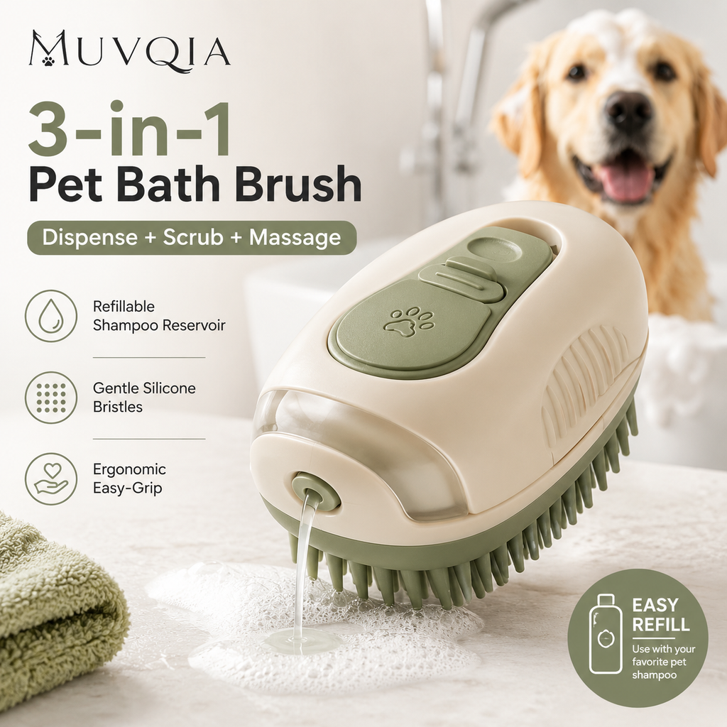 MUVQIA 3-in-1 Pet Bath Brush, Refillable Dog Shampoo Brush with Soft Silicone Bristles, Pet Grooming Scrubber & Massage Brush for Dogs and Cats, Bath Brush for Short and Long Hair