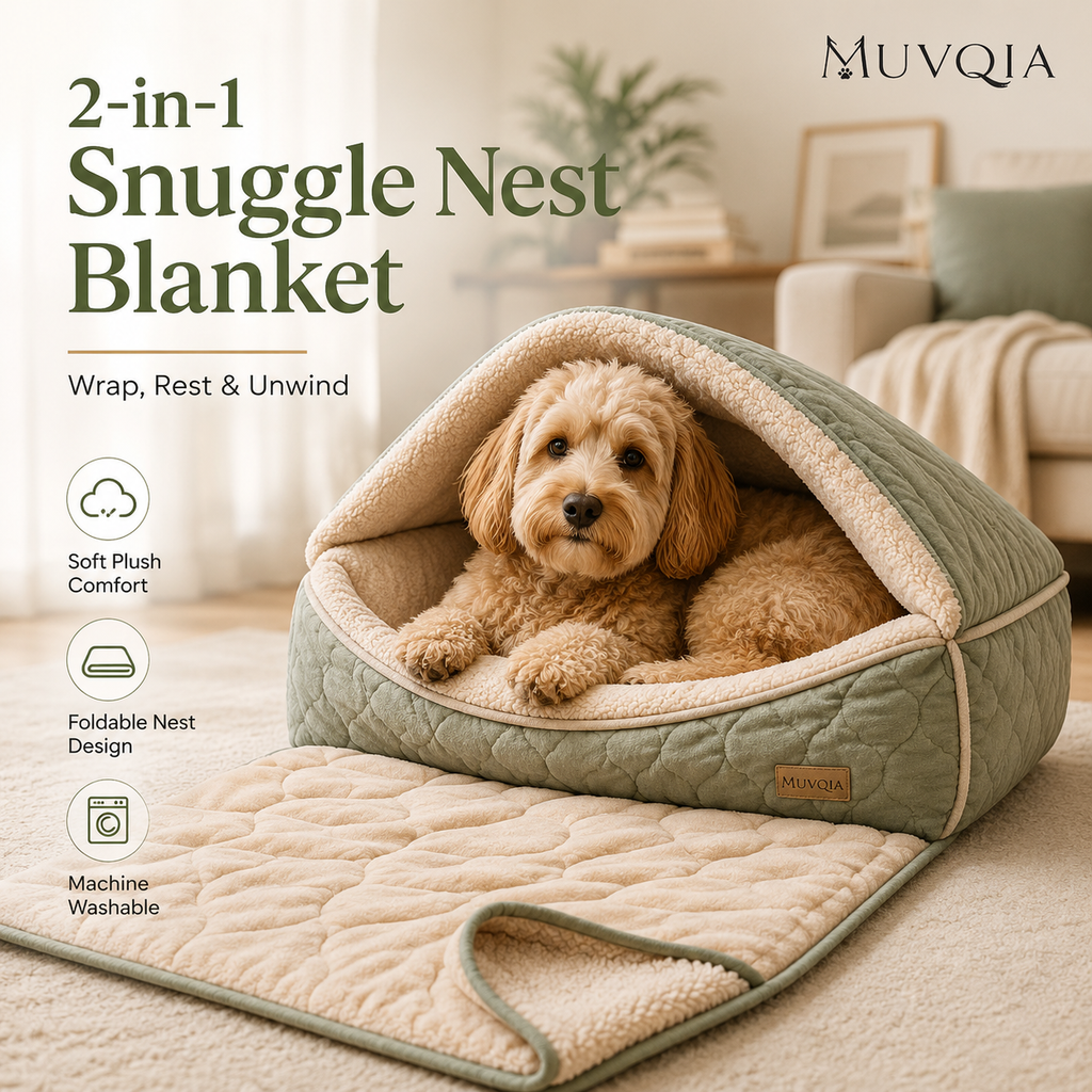 MUVQIA 2-in-1 Snuggle Nest Pet Bed & Blanket – Foldable Covered Dog Bed with Soft Sherpa Lining, Convertible Cave Bed and Lounge Mat for Small to Medium Dogs and Cats, Machine Washable
