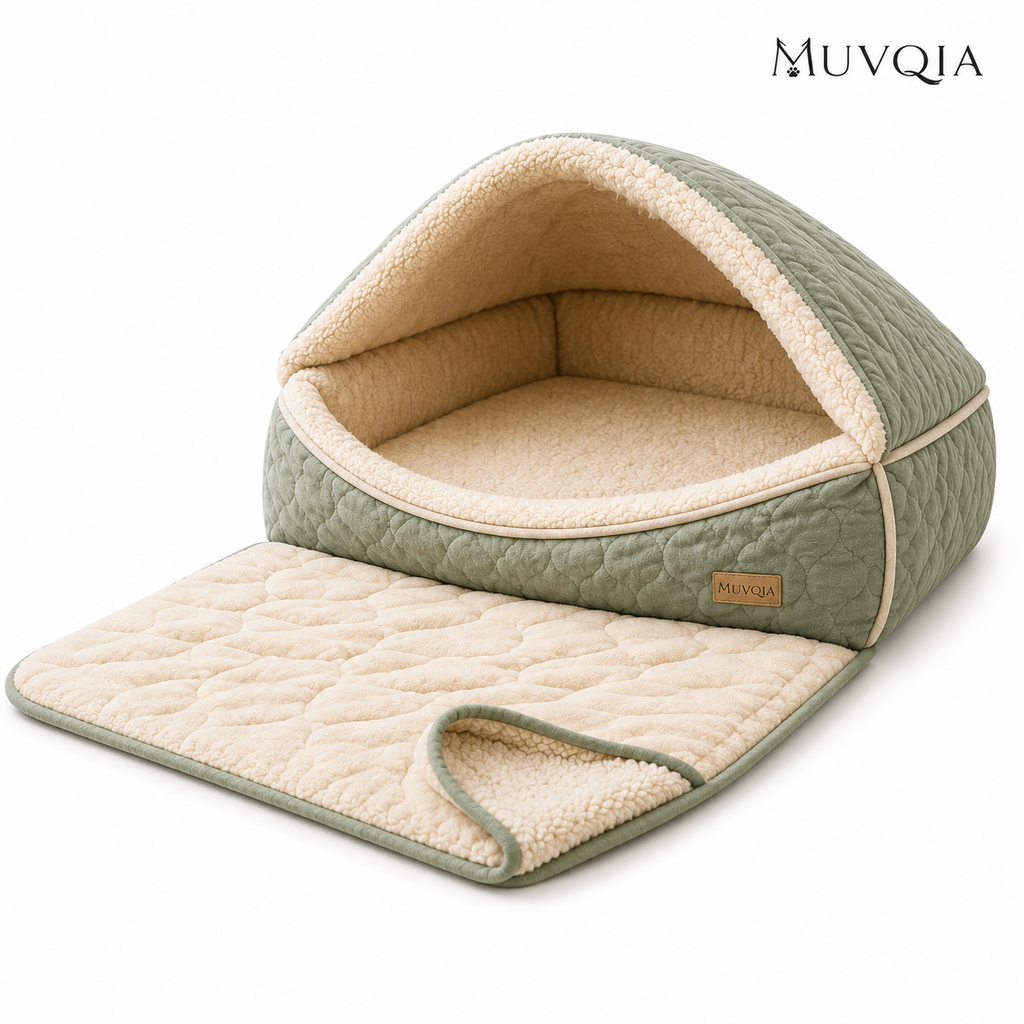 MUVQIA 2-in-1 Snuggle Nest Pet Bed & Blanket – Foldable Covered Dog Bed with Soft Sherpa Lining, Convertible Cave Bed and Lounge Mat for Small to Medium Dogs and Cats, Machine Washable