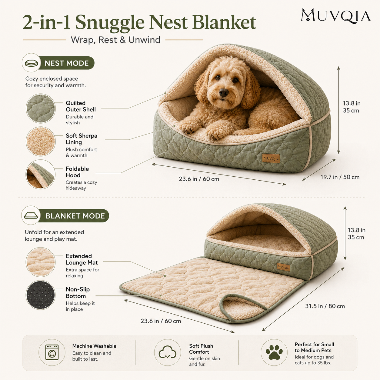 MUVQIA 2-in-1 Snuggle Nest Pet Bed & Blanket – Foldable Covered Dog Bed with Soft Sherpa Lining, Convertible Cave Bed and Lounge Mat for Small to Medium Dogs and Cats, Machine Washable