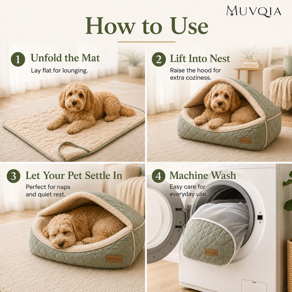 MUVQIA 2-in-1 Snuggle Nest Pet Bed & Blanket – Foldable Covered Dog Bed with Soft Sherpa Lining, Convertible Cave Bed and Lounge Mat for Small to Medium Dogs and Cats, Machine Washable