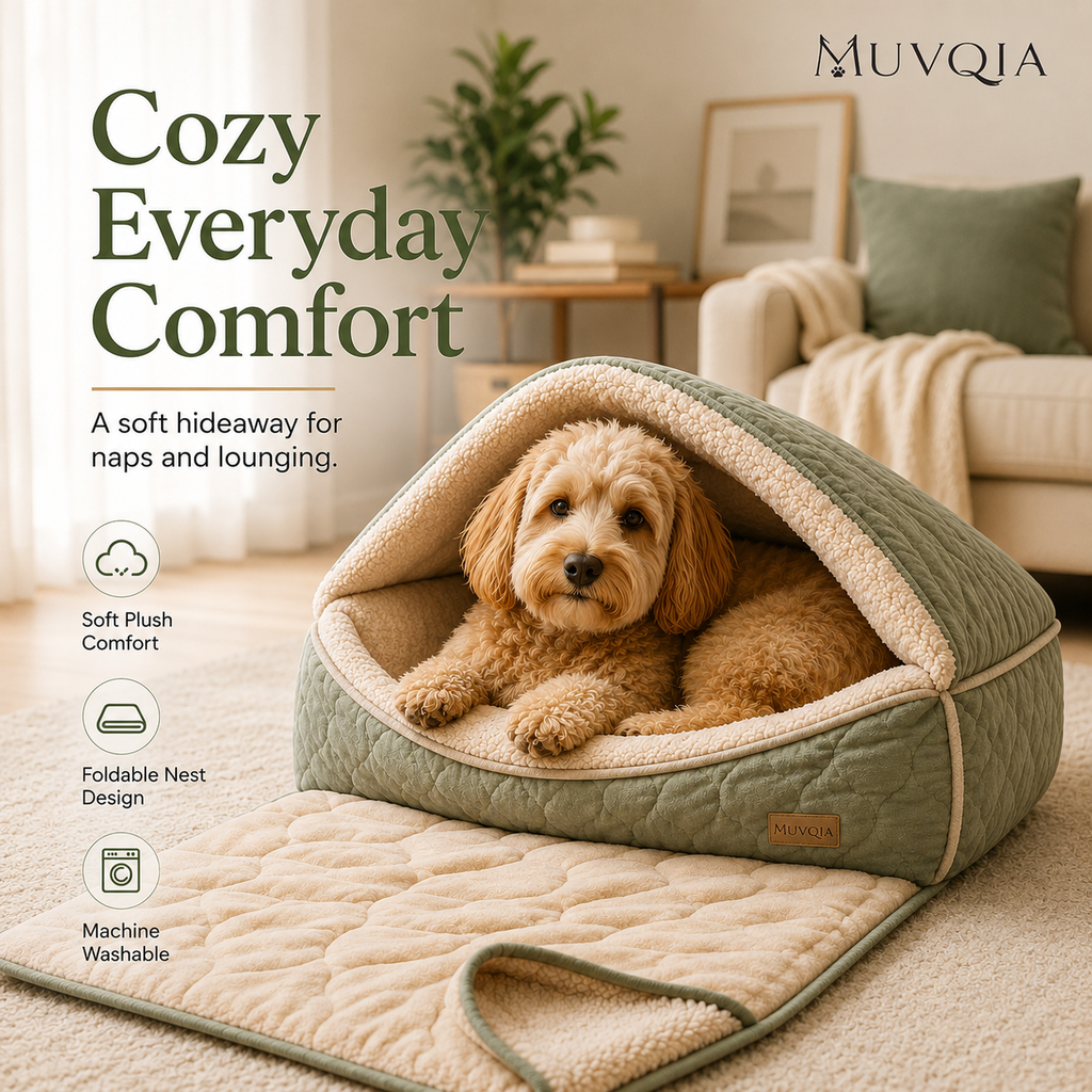 MUVQIA 2-in-1 Snuggle Nest Pet Bed & Blanket – Foldable Covered Dog Bed with Soft Sherpa Lining, Convertible Cave Bed and Lounge Mat for Small to Medium Dogs and Cats, Machine Washable