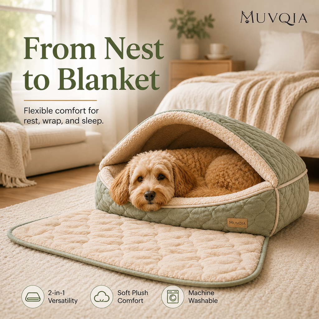 MUVQIA 2-in-1 Snuggle Nest Pet Bed & Blanket – Foldable Covered Dog Bed with Soft Sherpa Lining, Convertible Cave Bed and Lounge Mat for Small to Medium Dogs and Cats, Machine Washable