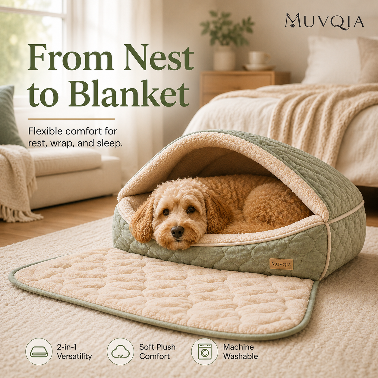 MUVQIA 2-in-1 Snuggle Nest Pet Bed & Blanket – Foldable Covered Dog Bed with Soft Sherpa Lining, Convertible Cave Bed and Lounge Mat for Small to Medium Dogs and Cats, Machine Washable
