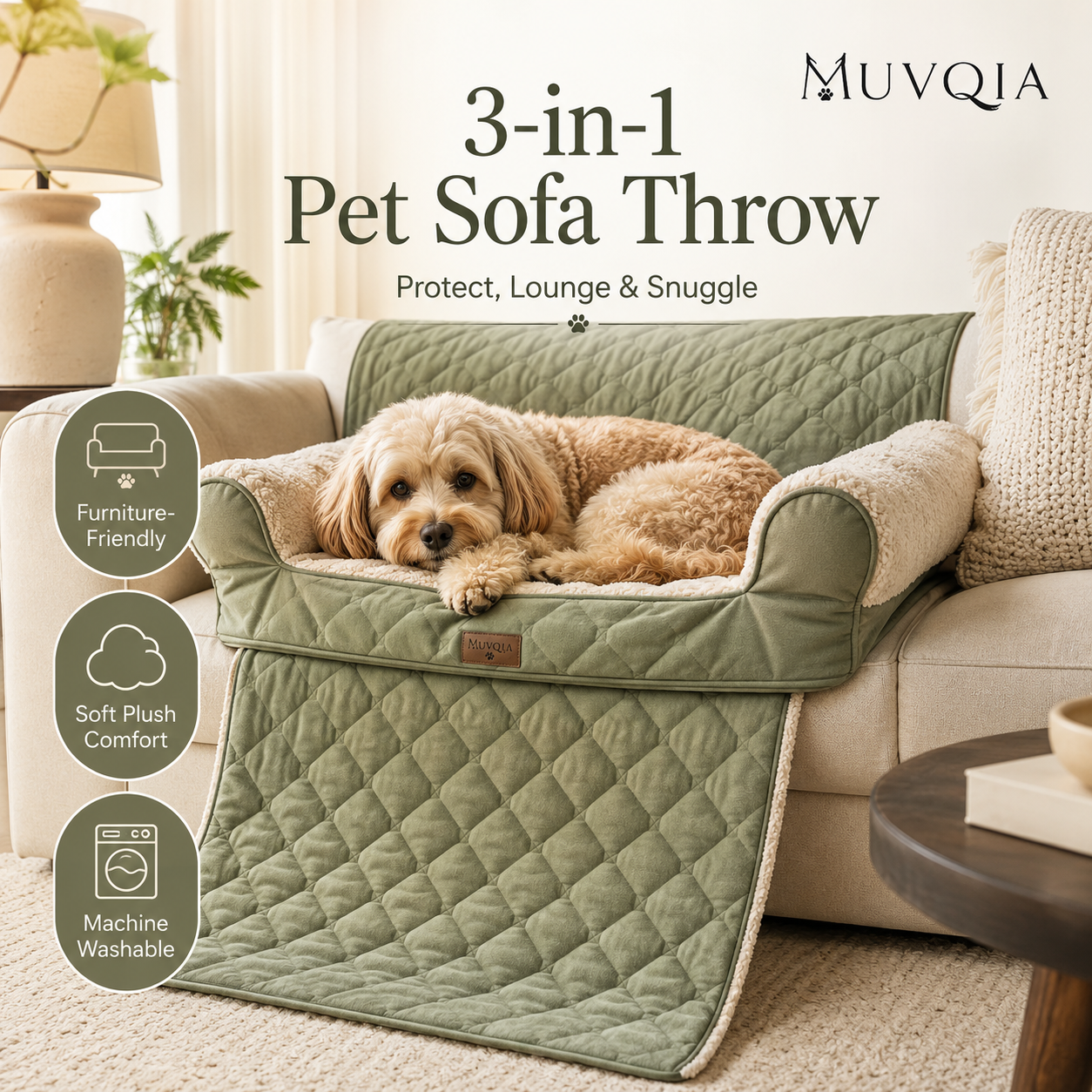 MUVQIA 3-in-1 Pet Sofa Throw for Dogs & Cats, Washable Quilted Pet Couch Cover with Bolster Sides, Soft Plush Furniture Protector Mat for Sofa, Chair & Recliner