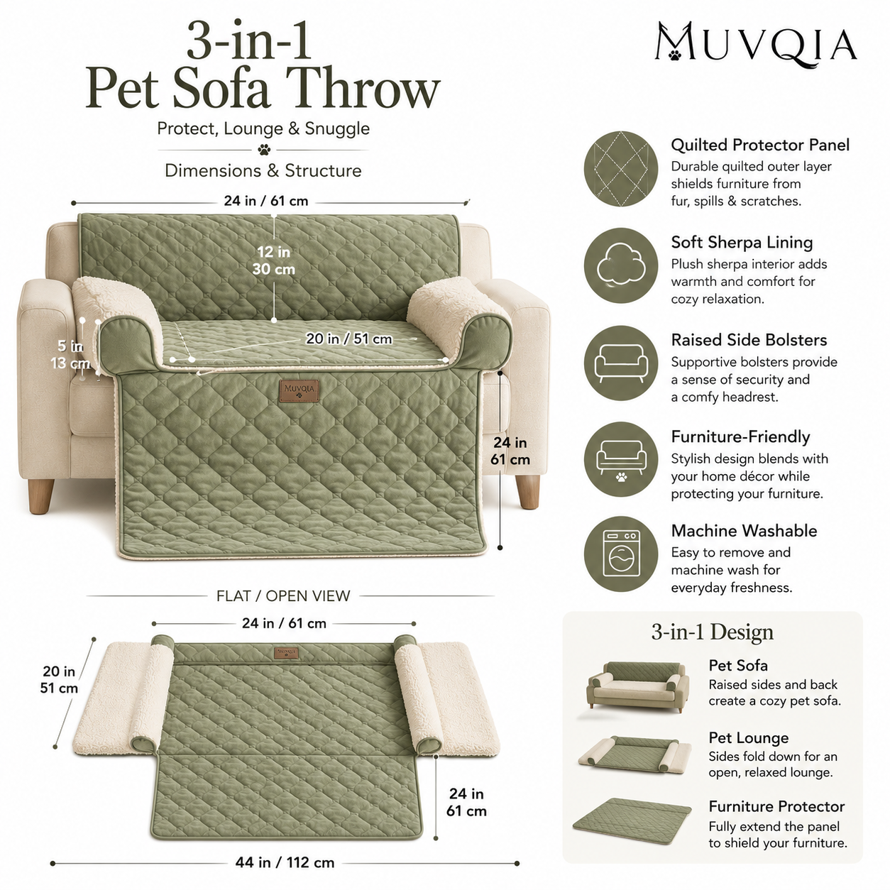 MUVQIA 3-in-1 Pet Sofa Throw for Dogs & Cats, Washable Quilted Pet Couch Cover with Bolster Sides, Soft Plush Furniture Protector Mat for Sofa, Chair & Recliner