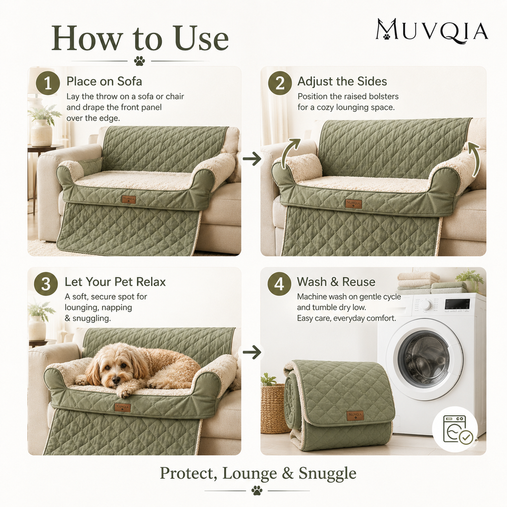 MUVQIA 3-in-1 Pet Sofa Throw for Dogs & Cats, Washable Quilted Pet Couch Cover with Bolster Sides, Soft Plush Furniture Protector Mat for Sofa, Chair & Recliner