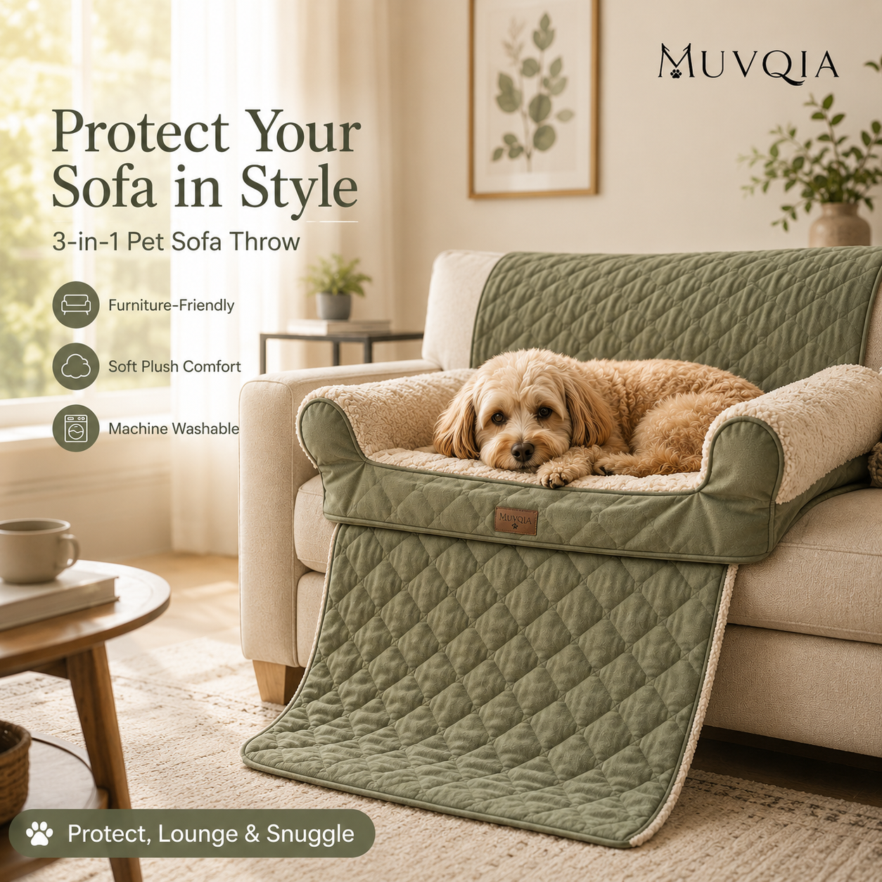 MUVQIA 3-in-1 Pet Sofa Throw for Dogs & Cats, Washable Quilted Pet Couch Cover with Bolster Sides, Soft Plush Furniture Protector Mat for Sofa, Chair & Recliner