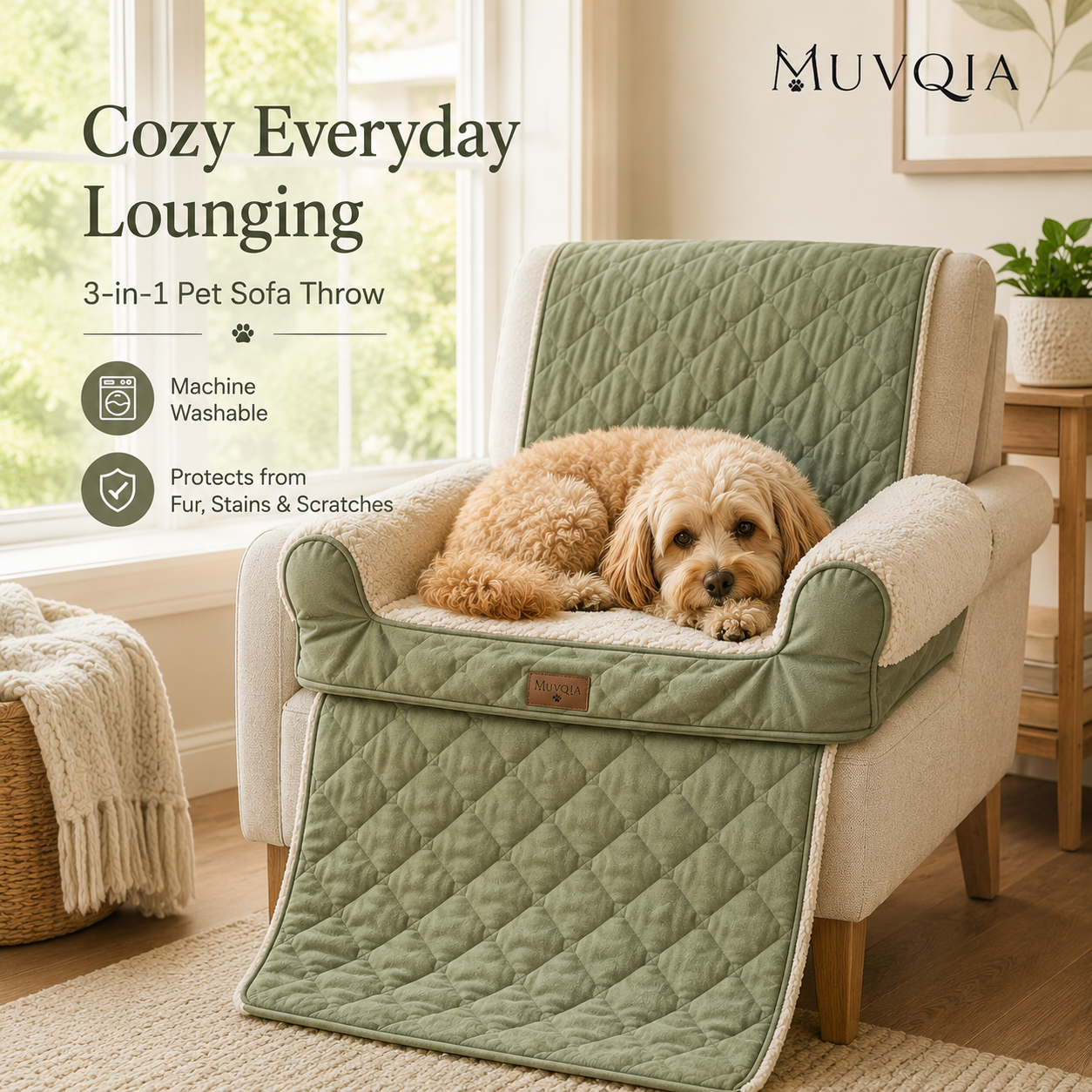 MUVQIA 3-in-1 Pet Sofa Throw for Dogs & Cats, Washable Quilted Pet Couch Cover with Bolster Sides, Soft Plush Furniture Protector Mat for Sofa, Chair & Recliner