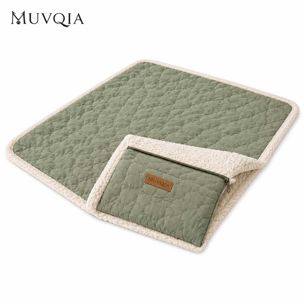 MUVQIA Foldable Portable Pet Blanket Mat for Dogs & Cats, Quilted Washable Travel Bed Pad with Soft Sherpa Lining, Lightweight Pet Sleeping Mat for Home, Car, Outdoor & Camping