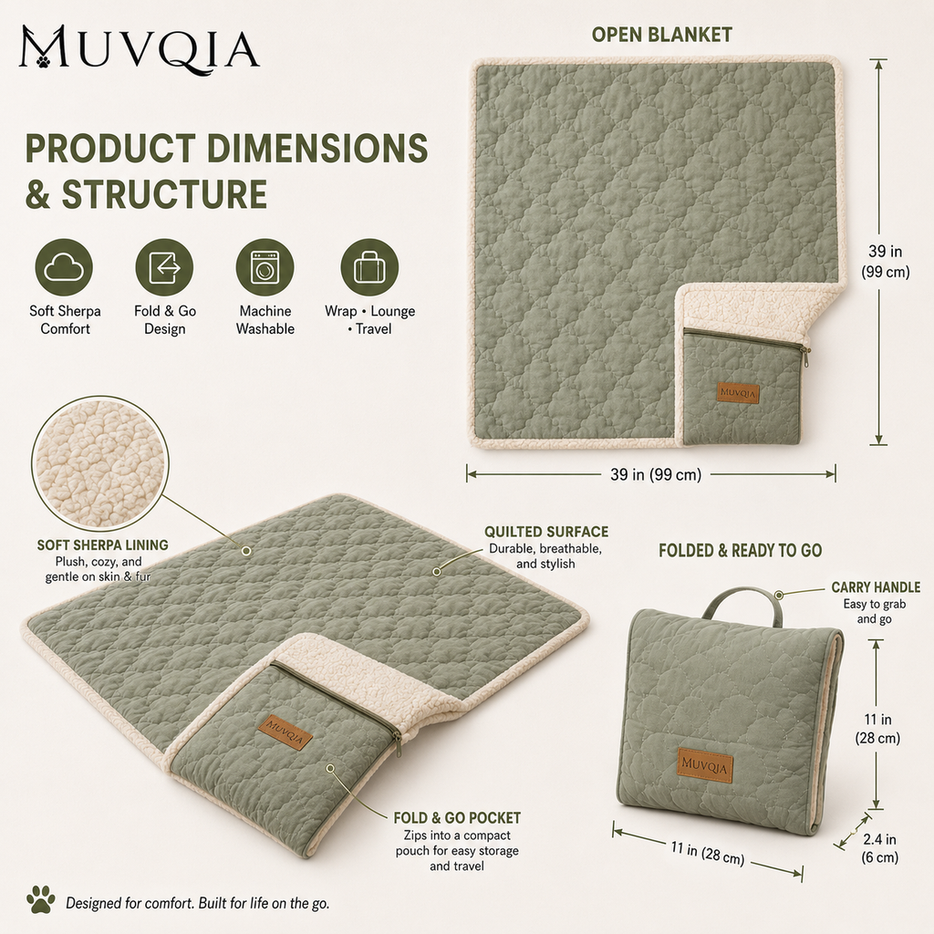 MUVQIA Foldable Portable Pet Blanket Mat for Dogs & Cats, Quilted Washable Travel Bed Pad with Soft Sherpa Lining, Lightweight Pet Sleeping Mat for Home, Car, Outdoor & Camping