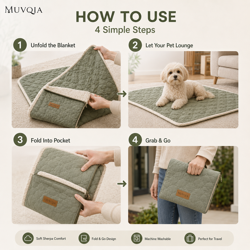 MUVQIA Foldable Portable Pet Blanket Mat for Dogs & Cats, Quilted Washable Travel Bed Pad with Soft Sherpa Lining, Lightweight Pet Sleeping Mat for Home, Car, Outdoor & Camping