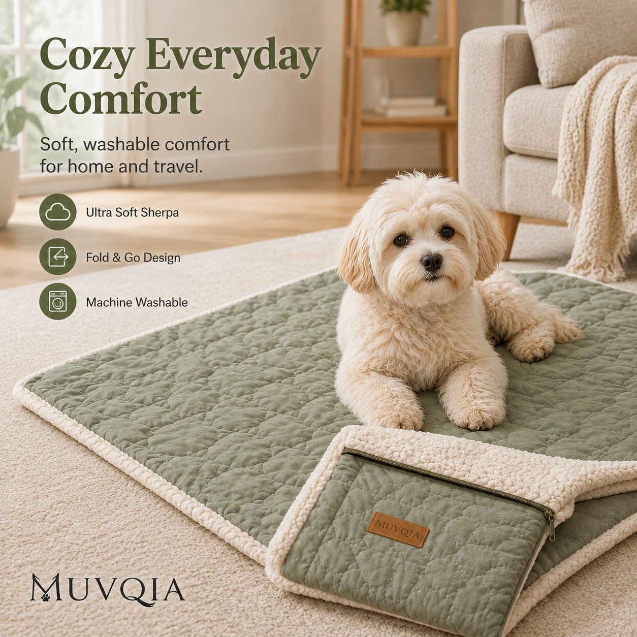MUVQIA Foldable Portable Pet Blanket Mat for Dogs & Cats, Quilted Washable Travel Bed Pad with Soft Sherpa Lining, Lightweight Pet Sleeping Mat for Home, Car, Outdoor & Camping