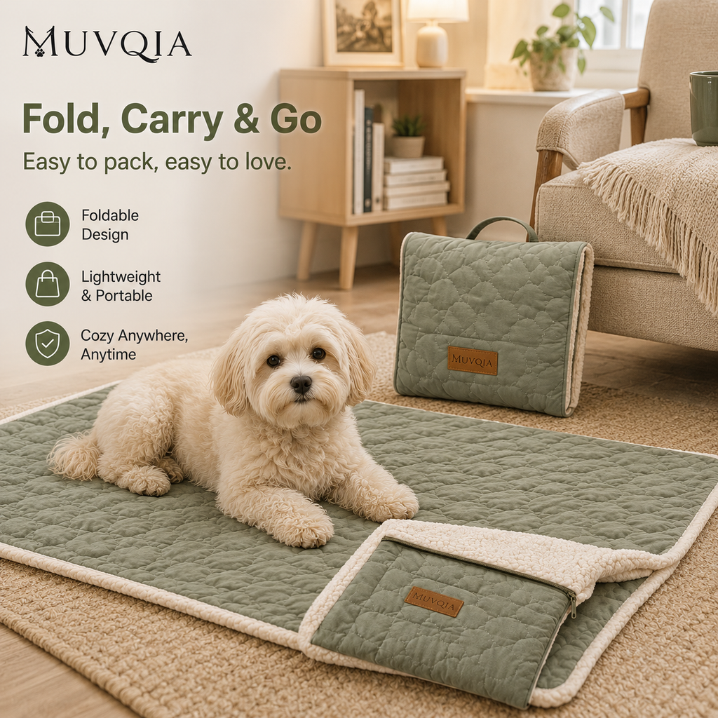 MUVQIA Foldable Portable Pet Blanket Mat for Dogs & Cats, Quilted Washable Travel Bed Pad with Soft Sherpa Lining, Lightweight Pet Sleeping Mat for Home, Car, Outdoor & Camping