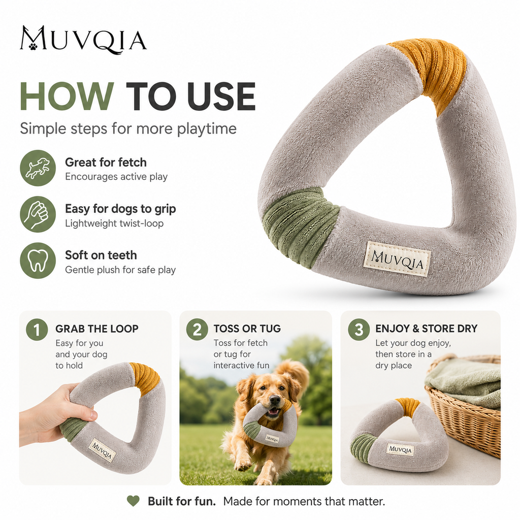 MUVQIA Twist-Loop Plush Dog Toy – Soft Triangle Fetch & Tug Toy, Lightweight Easy-Grip Interactive Chew Toy for Small, Medium & Large Dogs, Indoor & Outdoor Play