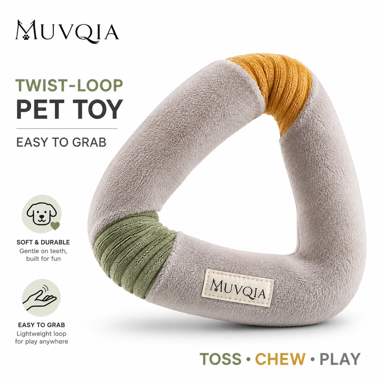 MUVQIA Twist-Loop Plush Dog Toy – Soft Triangle Fetch & Tug Toy, Lightweight Easy-Grip Interactive Chew Toy for Small, Medium & Large Dogs, Indoor & Outdoor Play