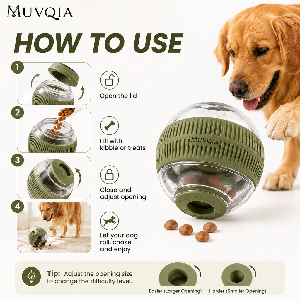 MUVQIA Treat-Release Rolling Dog Toy – Interactive Treat Dispensing Ball, Slow Feeder Puzzle Toy for Dogs, BPA-Free Enrichment Toy for Indoor & Outdoor Play